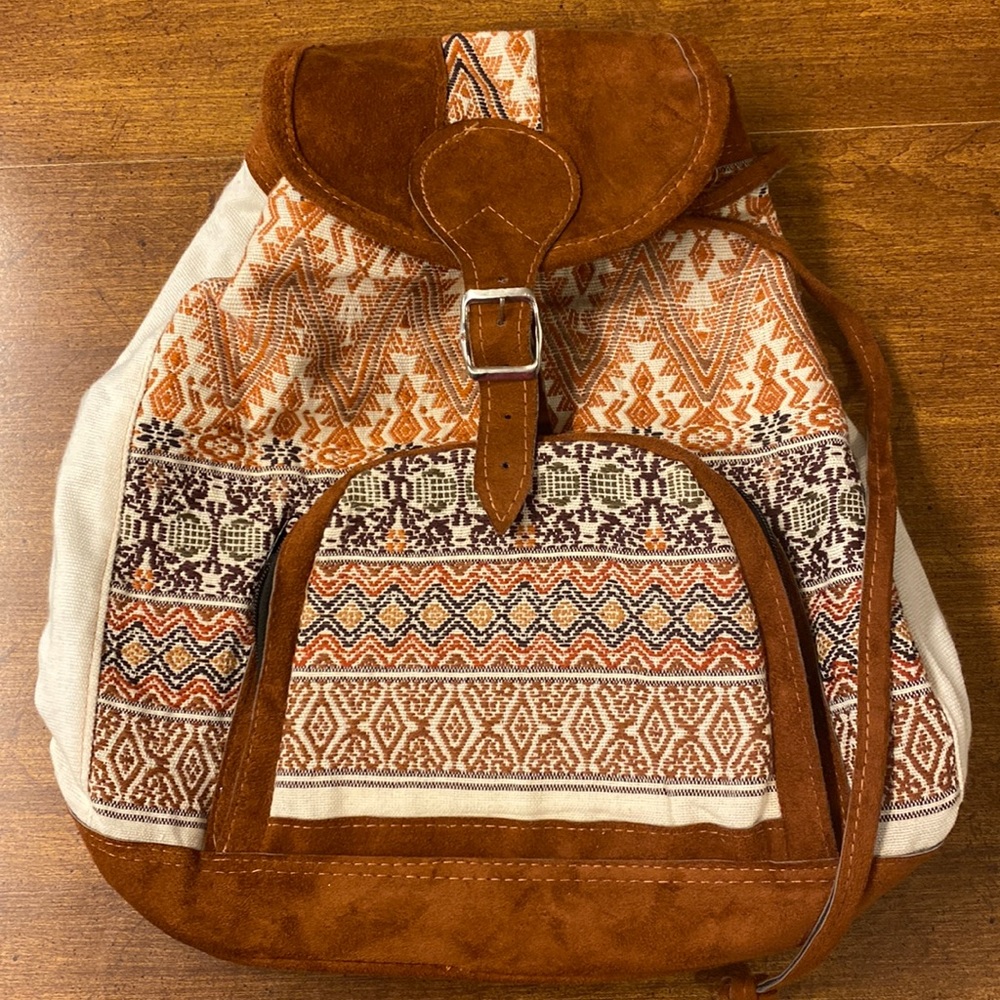 Guatemalan Cream Backpack / Aztec Pattern / Cream orange, and brown / Drawstring